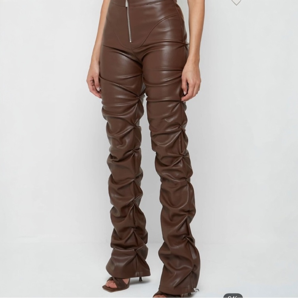 Brown Leather High-Waisted Pants